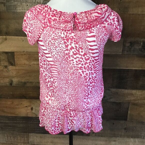 Tempted Blouse Pink White Animal Print Ruffled Layered Scoop Neck Large Girls - Picture 4 of 12